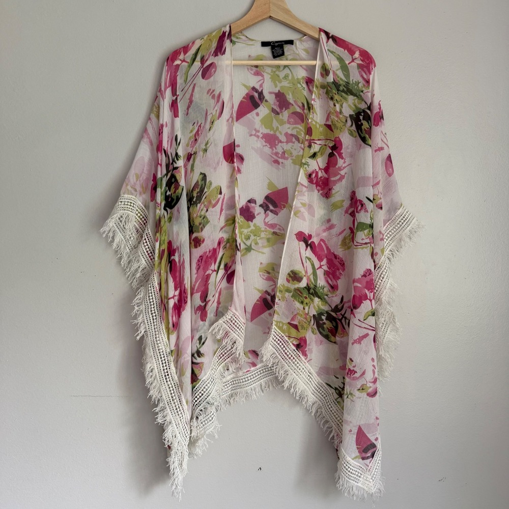 Cejon Floral Kimono Wrap Pink Green‎ Lace Trim Fringe OSFM Open Front Cover Up
